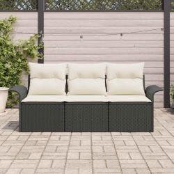 Ensemble de Canapé de Jardin 3 Pièces avec Coussins Noir Poly Rattan