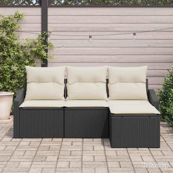 Ensemble de canaps de jardin 4 pices avec des coussins en poly rotin noir