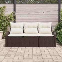 Canapé de jardin 3 pièces avec coussins marron en poly rotin.
