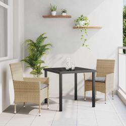 Ensemble de Dîner de Jardin 3 Pièces avec Coussins Beige en Poly Rattan.