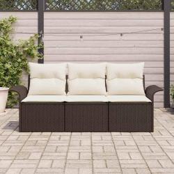 Ensemble de Canapés de Jardin 3 Pièces avec Coussins Marron Rattan Poly