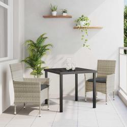 Ensemble de salle à manger de jardin 3 pièces avec coussins en poly rotin gris clair.