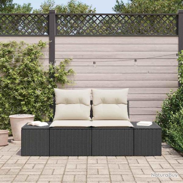 Canap de jardin 2 places avec rangement et coussins en rattan noir poly