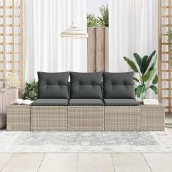 Canapé de jardin 3 pièces avec coussins en poly rotin gris clair