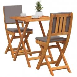 Ensemble de bistro pliant 3 pièces avec coussins, bois d'acacia massif