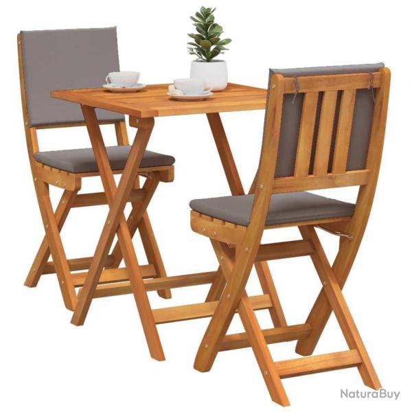Ensemble de bistro pliant 3 pices avec coussins, bois d'acacia massif