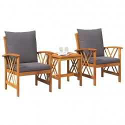 Ensemble de jardin 3 pièces avec coussins en bois d'acacia massif