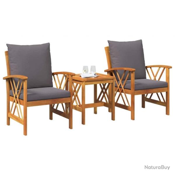 Ensemble de jardin 3 pices avec coussins en bois d'acacia massif