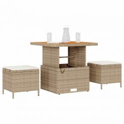 Ensemble de salle à manger de jardin 3 pièces avec coussins en beige en poly rotin et acacia