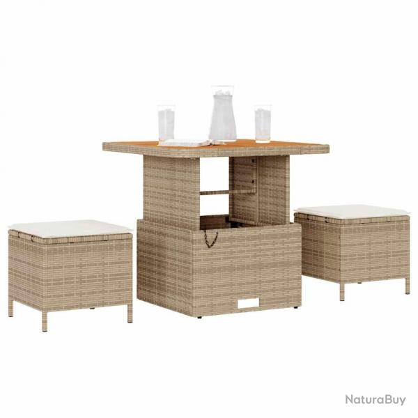 Ensemble de salle  manger de jardin 3 pices avec coussins en beige en poly rotin et acacia