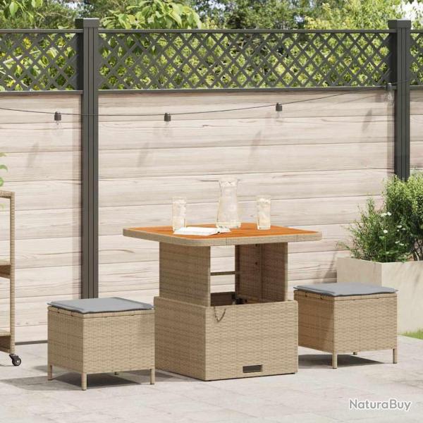 Ensemble de salle  manger de jardin 3 pices avec coussins beige en poly rattan et acacia