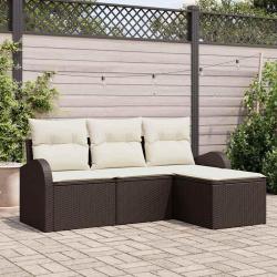 Ensemble de canapés de jardin 4 pièces avec coussins en poly rotin brun