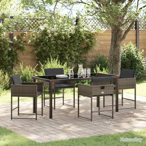 Ensemble de salle  manger de jardin 5 pices avec coussins, Gris en poly rattan.