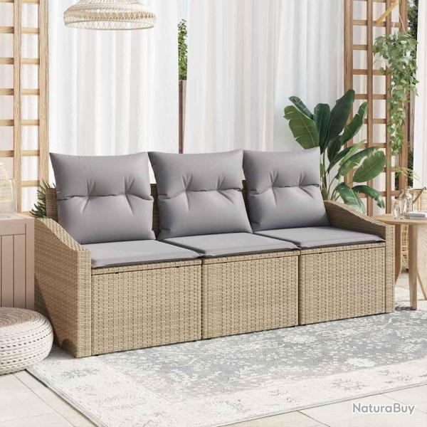 Set de canap de jardin 3 pices avec coussins beiges en polyrotin