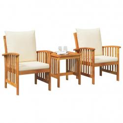 Ensemble de jardin 3 pièces avec coussins en bois d'acacia massif