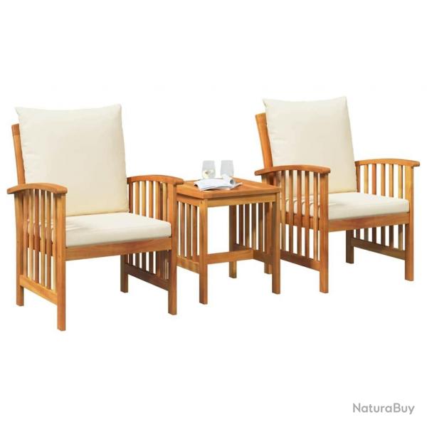 Ensemble de jardin 3 pices avec coussins en bois d'acacia massif
