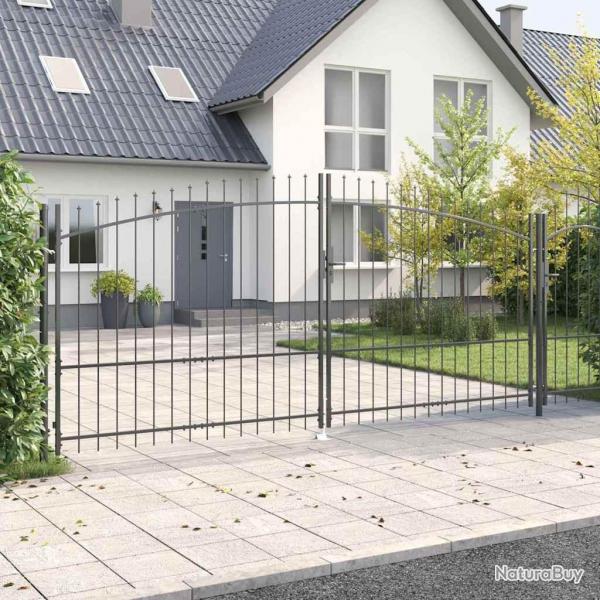 Portail de jardin avec sommet en flche, double battant, gris 175x400 cm, en acier.