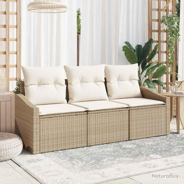 Ensemble de salle  manger de jardin 3 pices avec coussins, beige, en polyrotin.