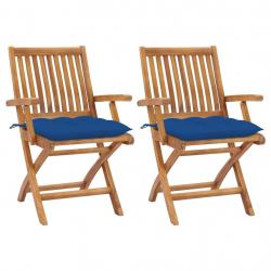 Chaises de jardin lot de 2 et coussins bleu Bois de teck massif