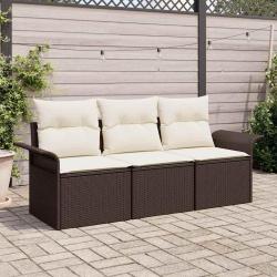 Ensemble de canapé de jardin 3 pièces avec coussins - Rattan Poly Marron