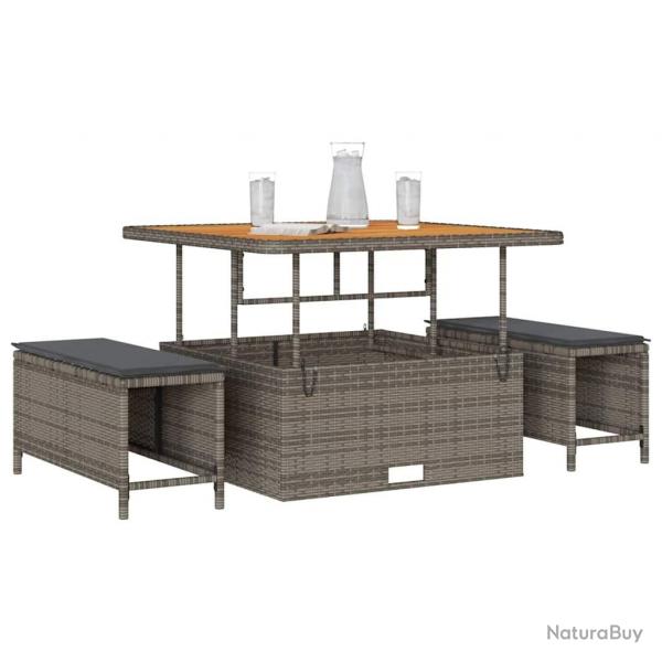 Ensemble de salle  manger de jardin 3 pices avec coussins Gris en Poly Rattan et Acacia