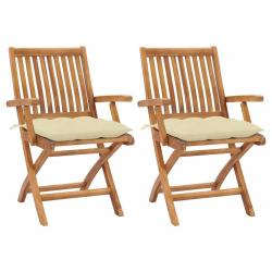 Chaises de jardin lot de 2 et coussins blanc crème Teck massif
