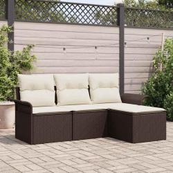 Ensemble de canapé de jardin 4 pièces avec coussins marron en poly rotin