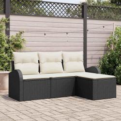 Ensemble de canapés de jardin 4 pièces avec coussins en poly rotin noir