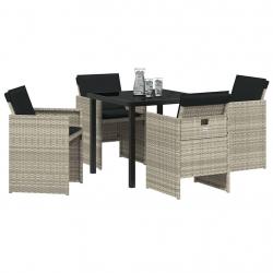 Set de salle à manger de jardin 5 pièces avec des coussins gris clair en poly rotin