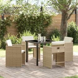 Set de salle à manger de jardin 5 pièces avec coussins beige en poly rattan
