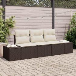 Canapé de jardin 3 pièces en poly rotin marron avec coussins.