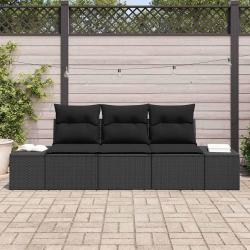 Canapé de jardin 3 pièces avec des coussins en poly rattan noir