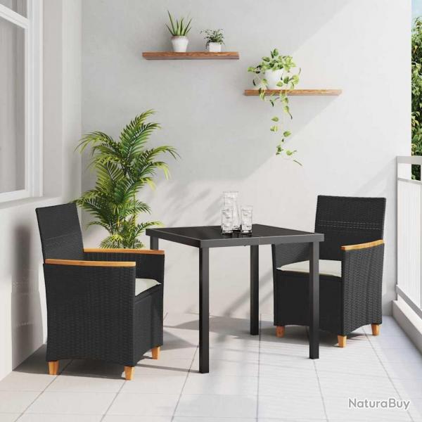 Ensemble de salle  manger de jardin 3 pices avec coussins en poly rotin noir.