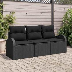Ensemble de 3 canapés de jardin avec coussins noirs en poly rotin