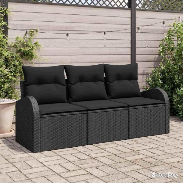 Ensemble de 3 canaps de jardin avec coussins noirs en poly rotin