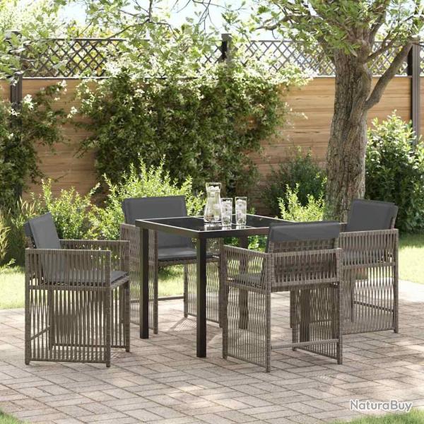 Ensemble de jardin 5 pices avec coussins, gris, en poly rotin.