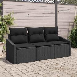 Ensemble de jardin 3 pièces avec coussins en poly rotin noir.