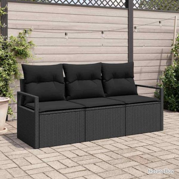 Set de canap de jardin 3 pices en poly rotin noir avec coussins