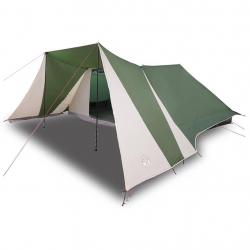Tente familiale avec auvent étendu, verte et imperméable pour 12 personnes.