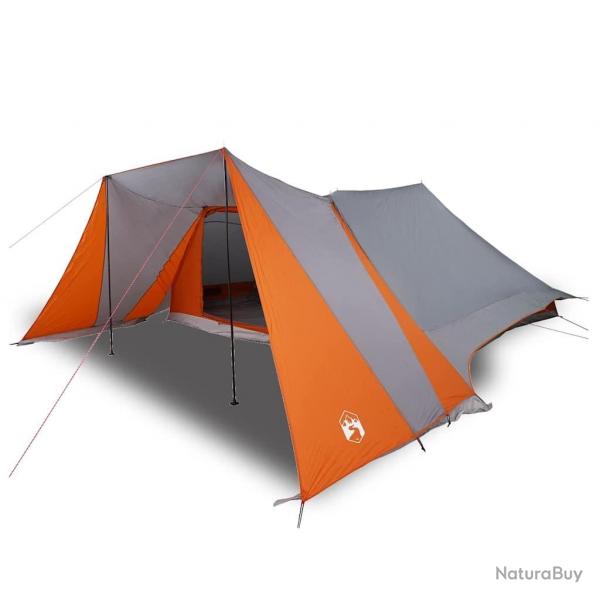 Tente familiale avec un grand auvent, grise et orange, pour 12 personnes, impermable.