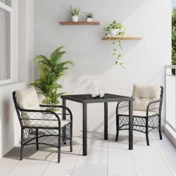 Ensemble de jardin 3 pièces avec coussins en poly rattan noir.