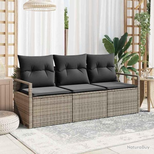 Set de canaps de jardin 3 pices avec coussins en poly rattan gris