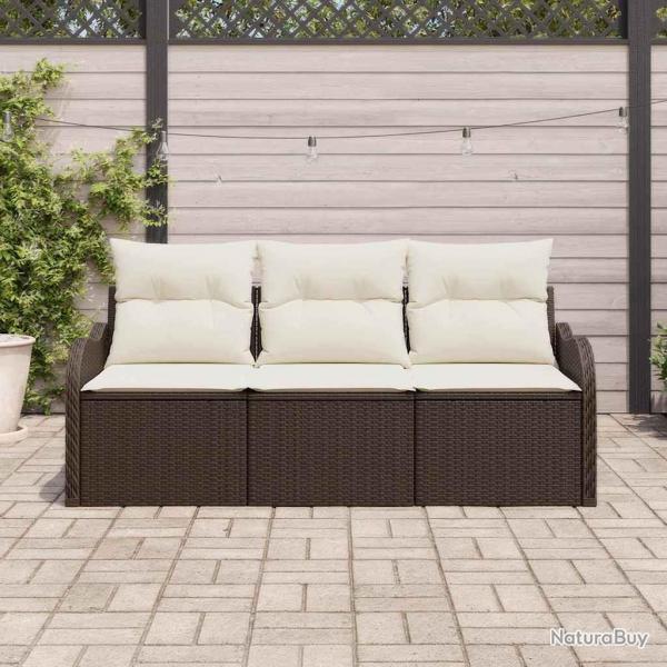 Ensemble de 3 Pices de Canap de Jardin avec Coussins Marron en Rattan Synthtique