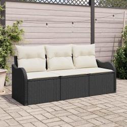 Ensemble de Canapé de Jardin 3 pièces avec Coussins Noir Rattan Poly