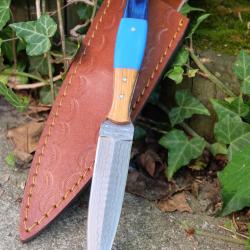 Couteau Dague Scottish Dirk Lame Acier Damas 256 Couches Manche Bois Atlantide Etui Cuir Artisanale
