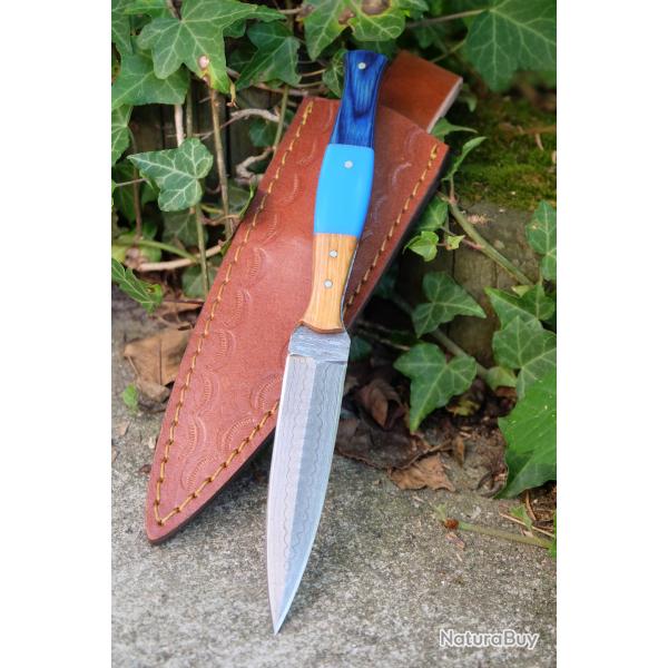 Couteau Dague Scottish Dirk Lame Acier Damas 256 Couches Manche Bois Atlantide Etui Cuir Artisanale