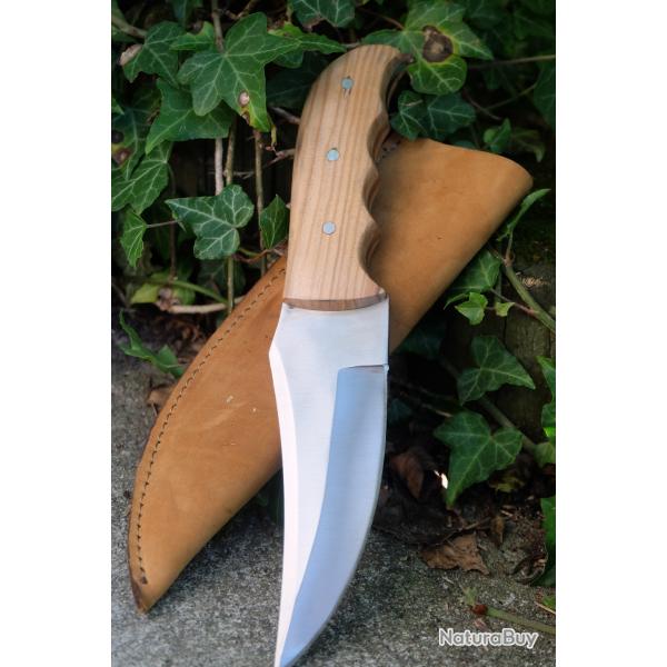 Couteau De Chasse Skinner Bushcraft Lame Acier Carbone 1055 Manche Olivier Etui Cuir Fab Artisanale