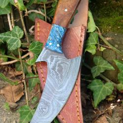 Couteau Skinner Découpe Damas Lame Acier 256 Couches Manche Bois/Résine Etui Cuir Fabr Artisanale