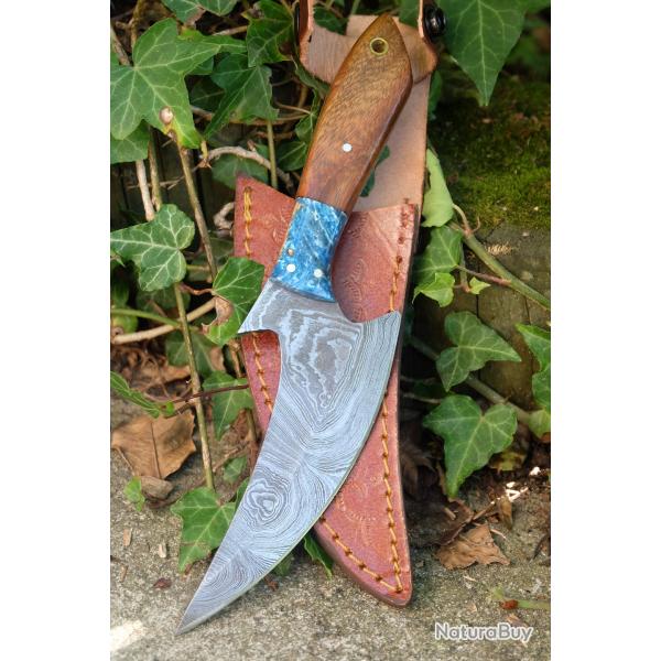 Couteau Skinner Dcoupe Damas Lame Acier 256 Couches Manche Bois/Rsine Etui Cuir Fabr Artisanale