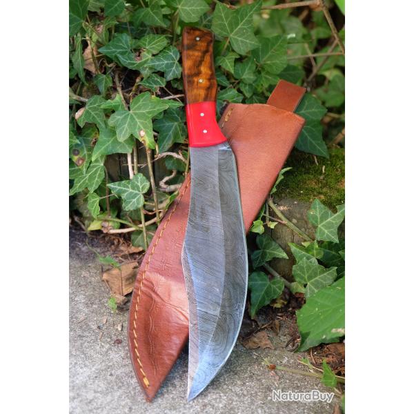 Gros Bowie Chasseur Crocodiles Lame Acier Damas 256 Couches Manche Bois Etui Cuir Fabric Artisanale